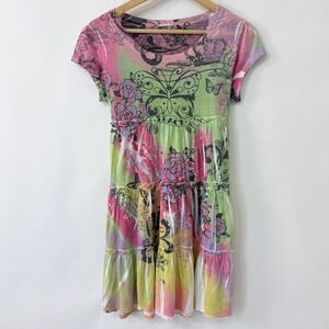 Girls Tiered Midi Dress Size 12/14? Multicolor Butterfly Floral Crowns Fairycore